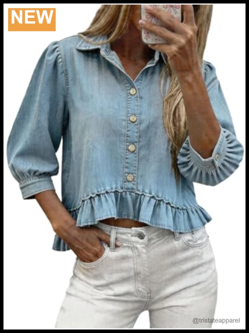 Denim Ruffle Hem Crop Top with Puff Sleeves